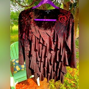 Sparkly Red Rose Pattern Ruffled Blouse